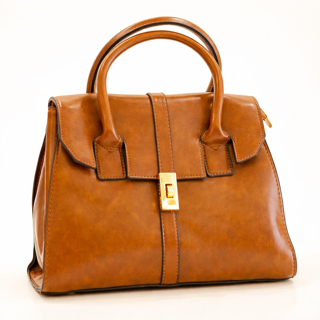 Classic Cognac Brown Structured Handbag with Gold Turn-Lock